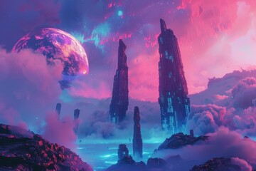 Wall Mural - A futuristic city rises from the clouds under a pink and purple sky illuminated by a bright planet