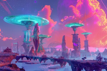 Wall Mural - Futuristic Cityscape with Floating Platforms and Vivid Clouds