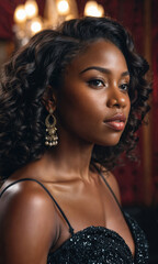 A black woman with curly hair gazes thoughtfully, showcasing her natural beauty in a cozy, warmly lit indoor environment.