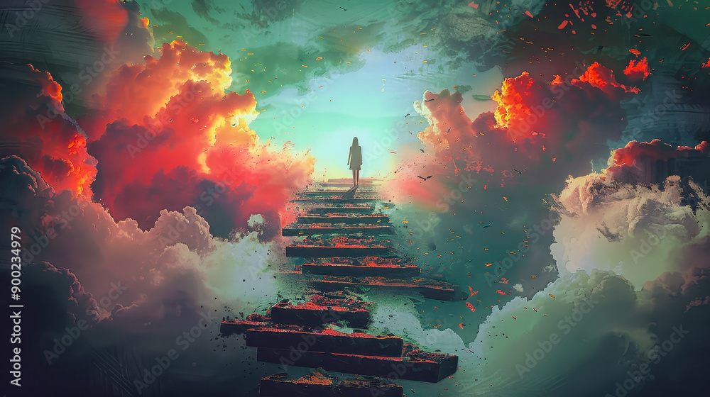 Young woman on broken staircase ascending to sky, surreal digital art ...