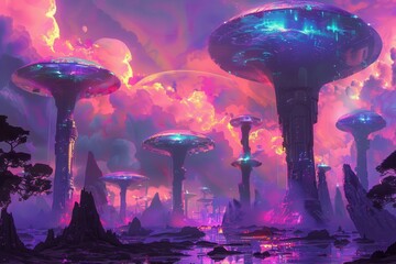 Wall Mural - A futuristic cityscape with glowing structures rising from a purple and pink landscape