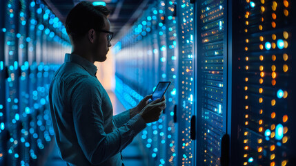 Poster - network engineer monitoring data in futuristic server room with ai technology and smart tablet for c