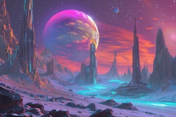 Wall Mural - Futuristic Cityscape Under a Pink Planet and Starry Sky