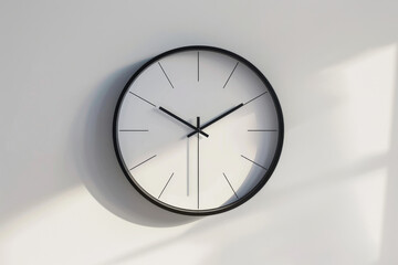 Wall Mural - A Simple Black and White Clock Against a White Wall with Sunlight Streaming Through a Window