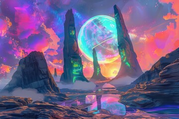 Wall Mural - A futuristic landscape with towering structures and a vibrant iridescent moon in a colorful sky