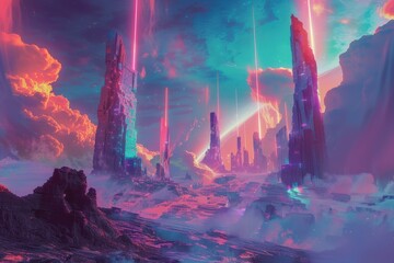Wall Mural - A Futuristic Cityscape with Tall Towers and Beams of Light