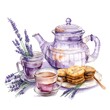 © redwoodstock.com - Lavender tea pot with tea and sweets watercolor illustration, lavender clipart