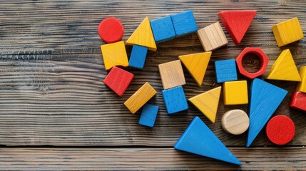 Aufkleber - Vibrant geometric wooden toy blocks for kid learning on wooden surface top view with copy space educational and creative concept