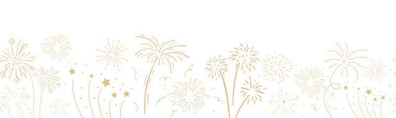 Sticker - fireworks festive explosion golden bursts, sparks in doodle style seamless pattern border. holiday c