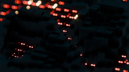 Poster - Abstract Dark Geometric Blocks with Red and Yellow Light Accents..