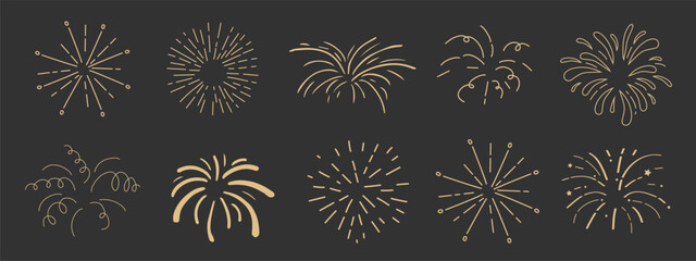 Sticker - Set gold fireworks, firecrackers golden burst, rays festive doodle sparkle lights isolated on dark background.Celebration, Party Icon, Anniversary, New Year Eve, independence