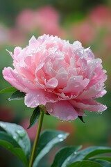 Poster - A blooming pink peony covered in dew drops, signifying natural beauty and freshness.