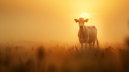 Poster - White Cow Silhouetted Against a Golden Sunrise in a Misty Field