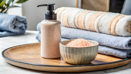 Wall Mural - An unbranded pump bottle placed on a tray, by a jar and a bowl of pink Himalayan salt, with a stack of towels displayed, featuring an empty label for cosmetic product or shampoo advertising