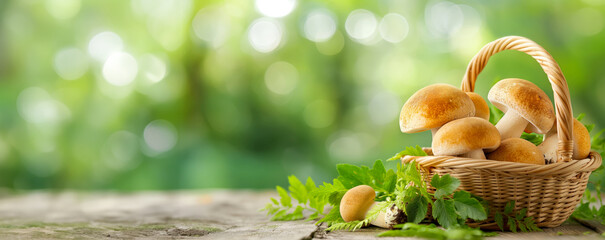 Sticker - A basket full of mushrooms is sitting on a wooden table. blurred green background