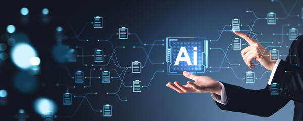 Poster - businessman interacting with ai technology on dark background.
