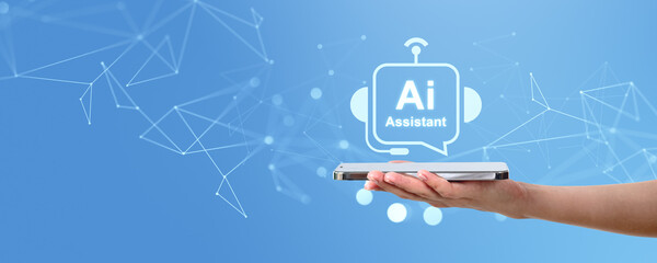 Poster - Woman hand with smartphone, digital AI assistant hologram with abstract lines