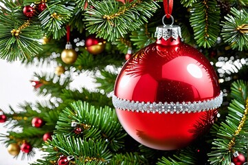 A red ornament hangs on a Christmas tree