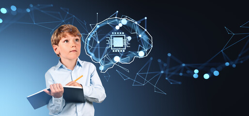 Aufkleber - Young boy holding notebook with AI brain network illustration ba