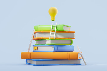 Poster - stack of colorful books with ladders and lightbulb on light blue background. 3d rendering