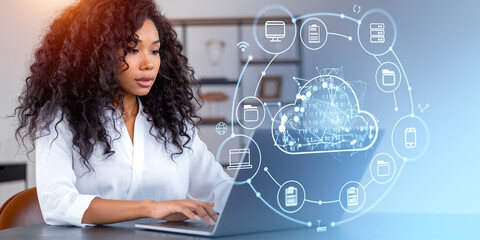 Poster - African woman typing on laptop, cloud service hologram and files backup