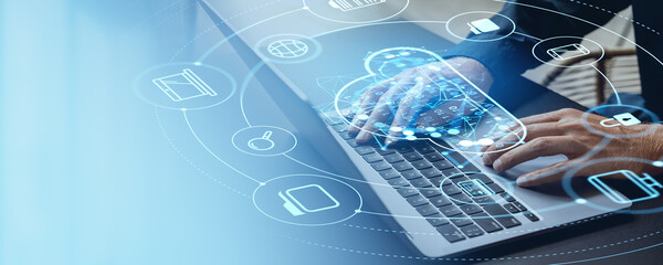 Poster - Man typing on laptop, cloud service hologram and devices connection hud