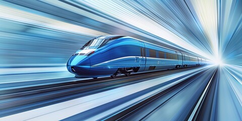 Sticker - High-speed train, blue with light blue accents, moving fast in the background of light blue and gray gradient background, 3D rendering