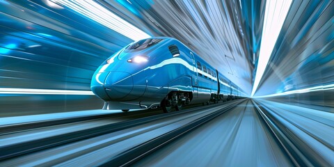 Sticker - High-speed train, blue with light blue accents, moving fast in the background of light blue and gray gradient background, 3D rendering