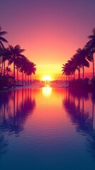 Wall Mural - A beautiful sunset over a body of water with palm trees in the background