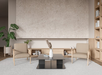 Wall Mural - Modern minimalist living room with beige armchairs and coffee table. 3D Rendering