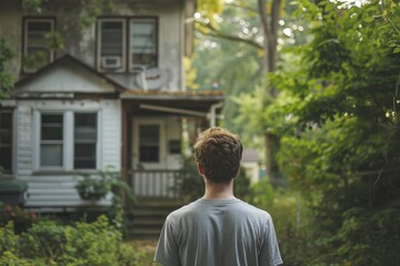 Nostalgic Student Gazing at Childhood Home Before College Departure - Realistic Image of Transition and Memories