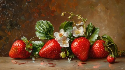 Wall Mural - Strawberries leaves blossoms white background. Generative AI