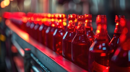 Poster - Red bottles moving along a conveyor belt in a factory setting