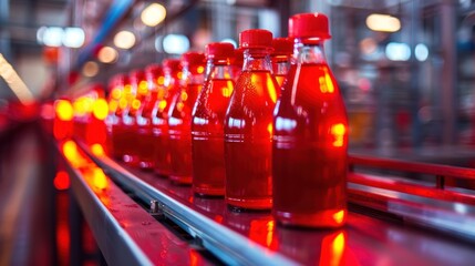 Poster - A closeup of red bottles on a conveyor belt in a factory setting