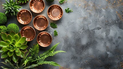 Wall Mural - Retro copper cookie molds and green plants on concrete backdrop with text space