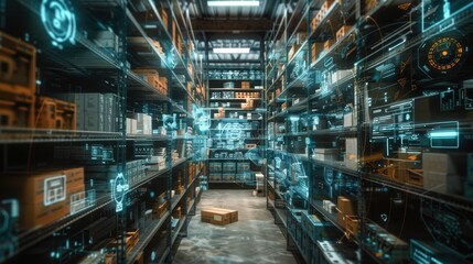 Poster - Futuristic Warehouse with Holographic Inventory Management System