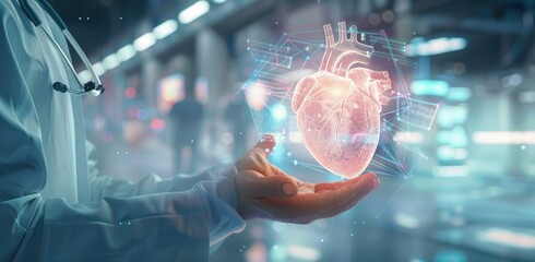 Poster - A doctors hand holding a glowing holographic human heart in front of a blurred futuristic background