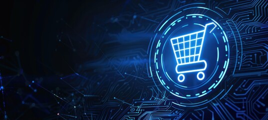 Poster - A glowing shopping cart icon in a circular frame on a dark blue circuit board background