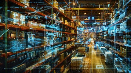 Poster - A Warehouse with Futuristic Blue Data Overlays