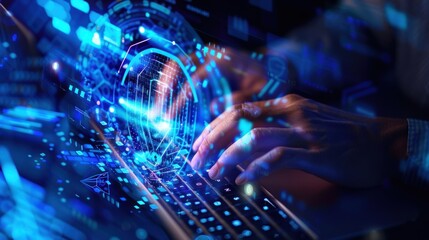 Poster - A pair of hands typing on a laptop keyboard with vibrant blue and purple digital effects surrounding them