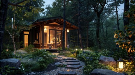 Aufkleber - Illuminated Cabin with Stone Path in Lush Forest at Dusk