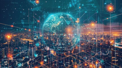 Poster - A Digital Globe Over a Nighttime Cityscape
