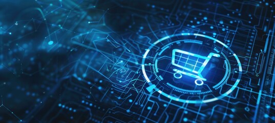 Poster - A glowing shopping cart icon on a futuristic circuit board background