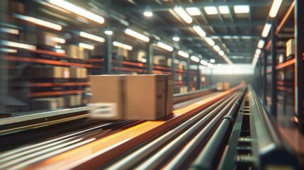Poster - A box on a conveyor belt in a warehouse setting