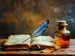 An old book with a quill and ink pot, old book with feather magic book