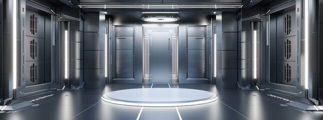 Poster - A futuristic room with a circular platform in the center surrounded by metallic walls and doors