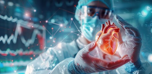 Poster - A doctor in a lab setting holding a digital model of a human heart