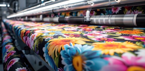 Aufkleber - A closeup view of colorful floral fabric being printed on an industrial machine