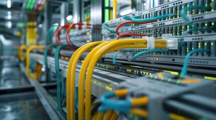 Poster - Network server racks with colorful cables connected to the ports