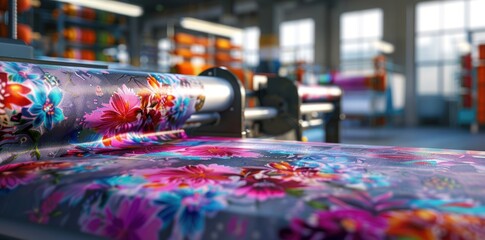 Poster - A closeup view of a floral fabric being processed on a machine in a factory